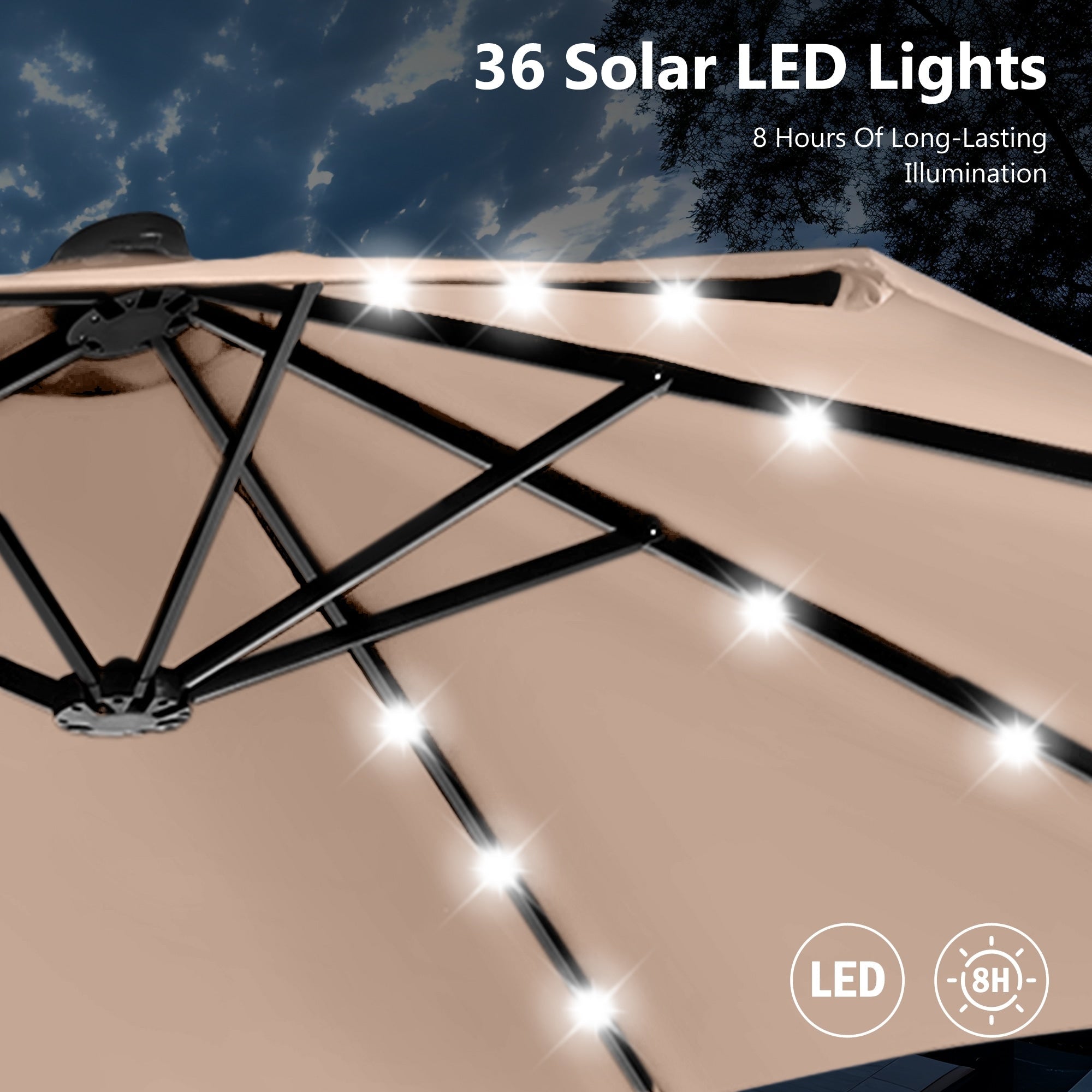 MAISON ARTS 15-foot Rectangular Crank Double-sided Outdoor Market Umbrella Solar LED Lighted Patio Umbrella with Base Included