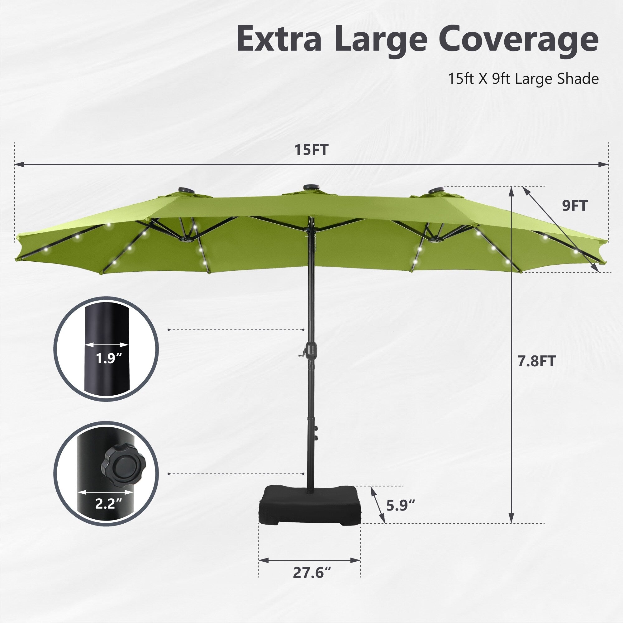 MAISON ARTS Parasol de marché extérieur rectangulaire à manivelle double face de 15 pieds Parasol de patio éclairé par LED solaire avec base incluse