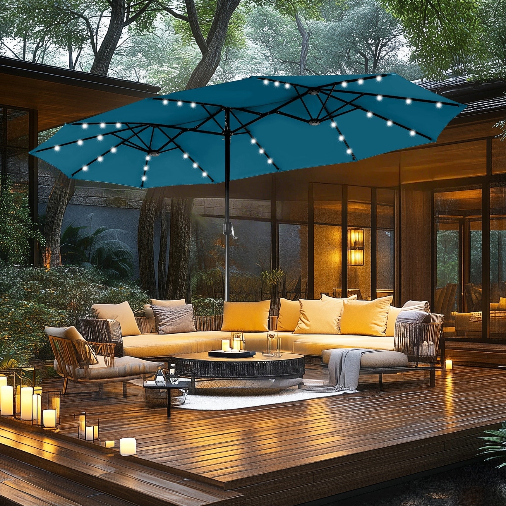 MAISON ARTS 15-foot Rectangular Crank Double-sided Outdoor Market Umbrella Solar LED Lighted Patio Umbrella with Base Included