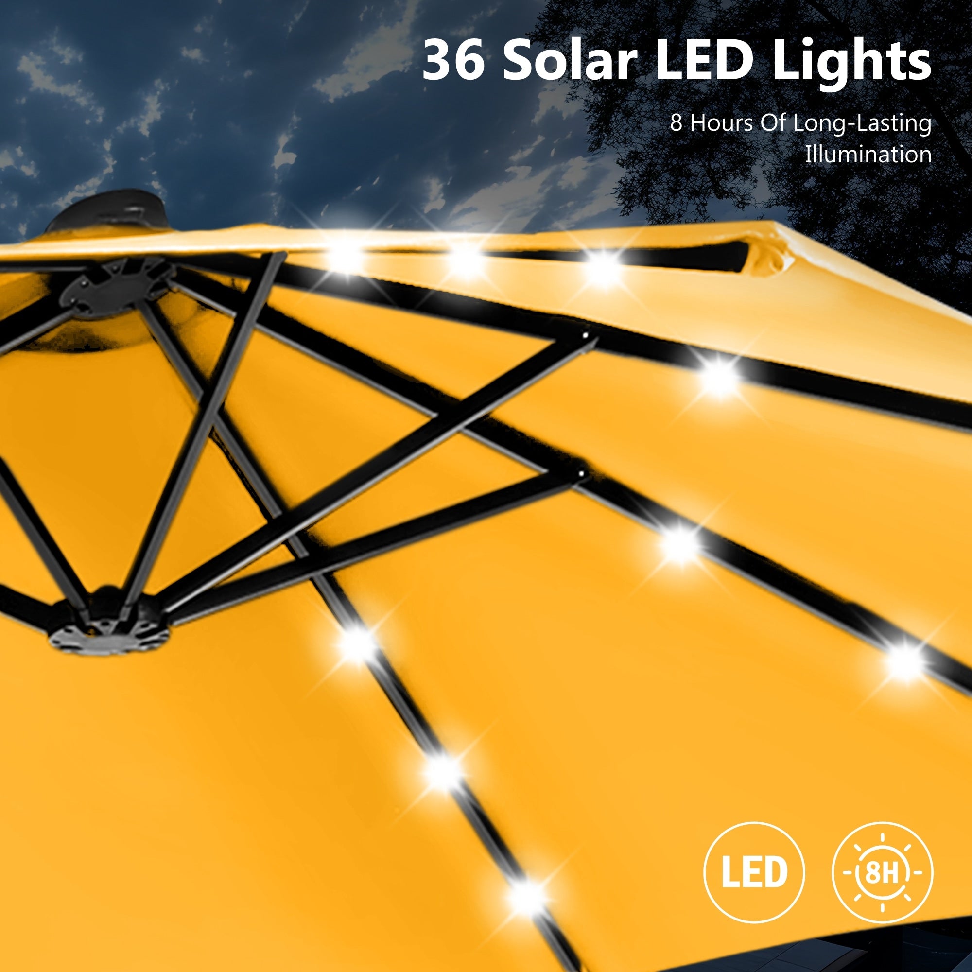 MAISON ARTS 15-foot Rectangular Crank Double-sided Outdoor Market Umbrella Solar LED Lighted Patio Umbrella with Base Included