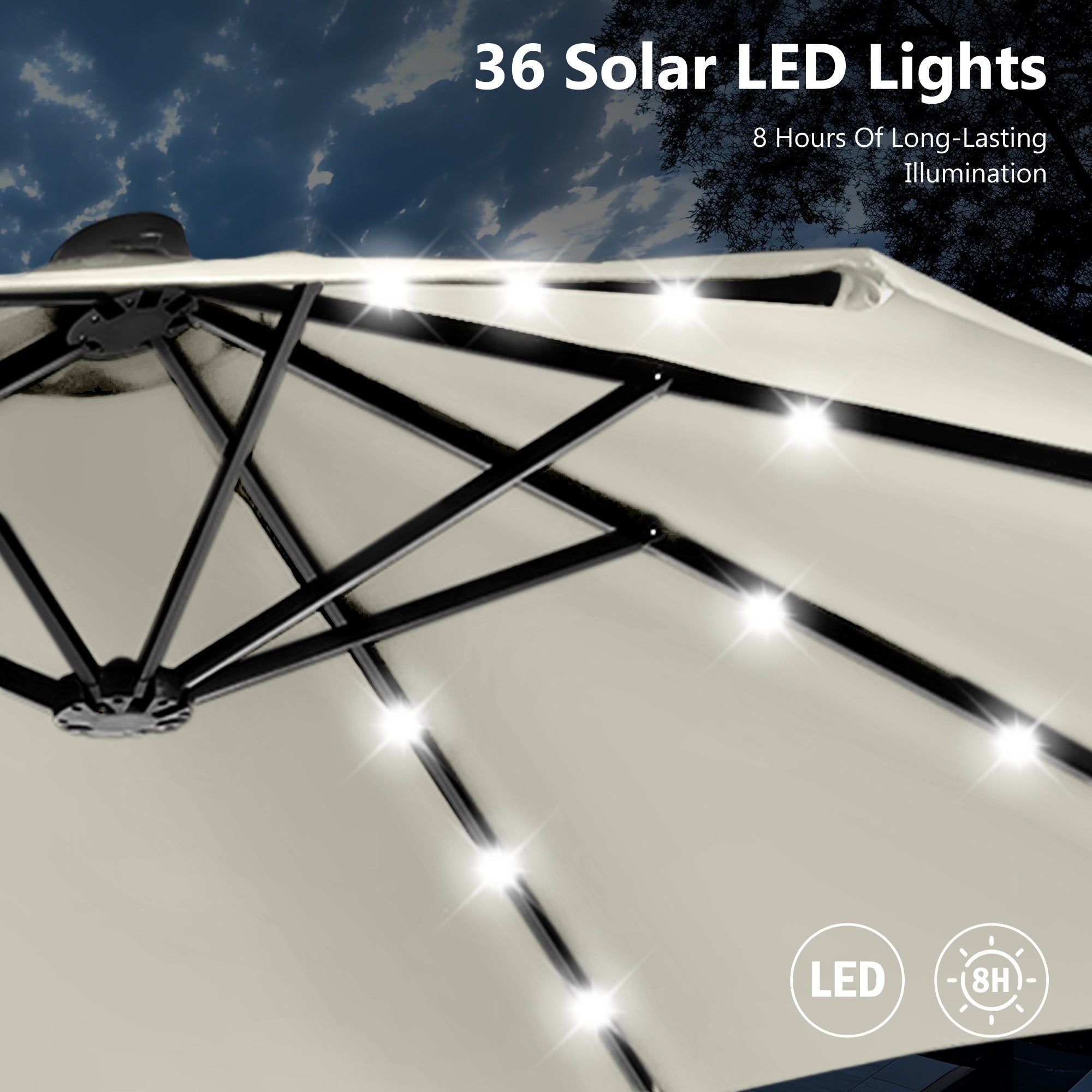 MAISON ARTS 15-foot Rectangular Crank Double-sided Outdoor Market Umbrella Solar LED Lighted Patio Umbrella with Base Included