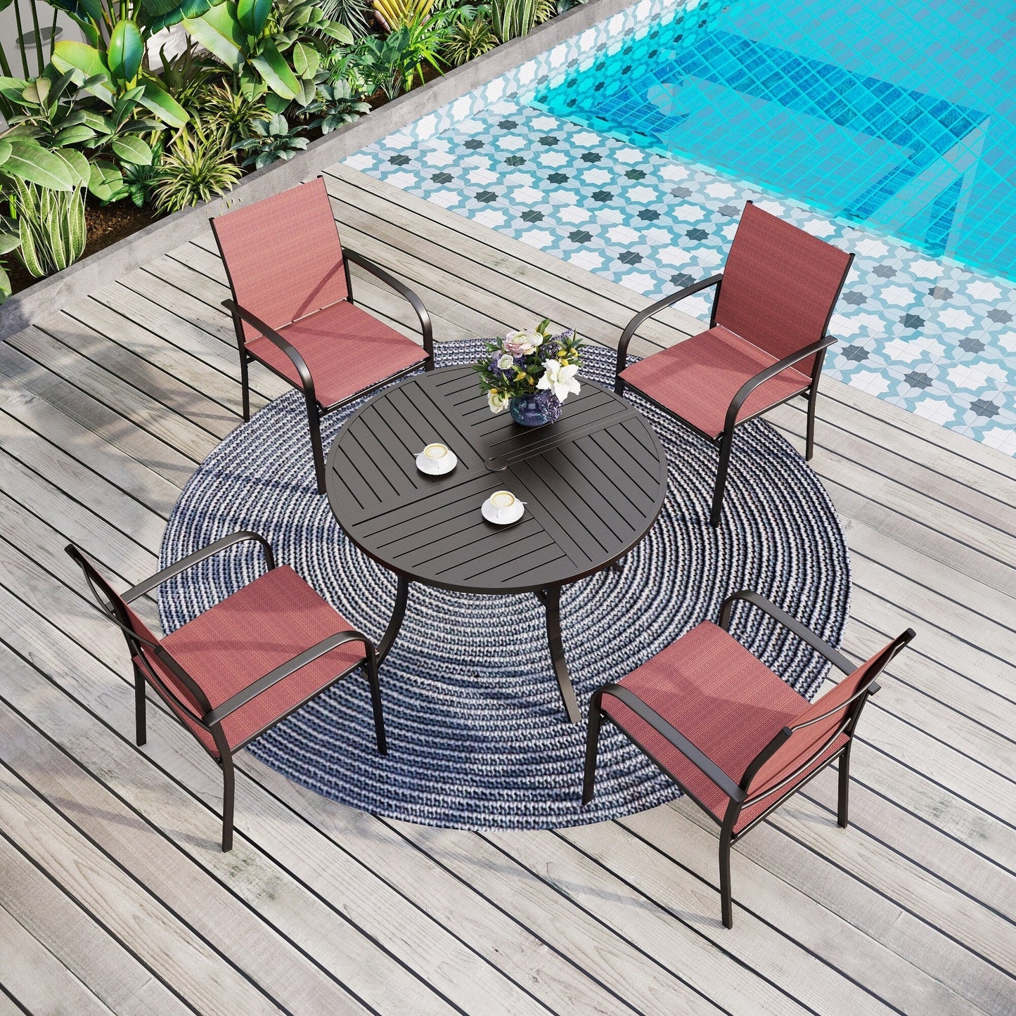 Ensemble de salle à manger de patio 5 pièces MAISON ARTS, table ronde à motifs géométriques et 4 chaises en textilène