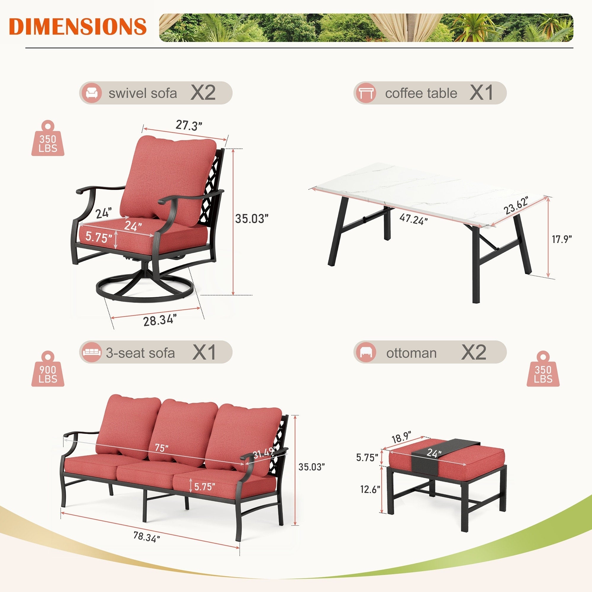 Ensemble de salon de jardin MAISON ARTS 6/7 pièces, canapé avec 2/4 chaises simples, 1 canapé 3 places et table basse/poufs