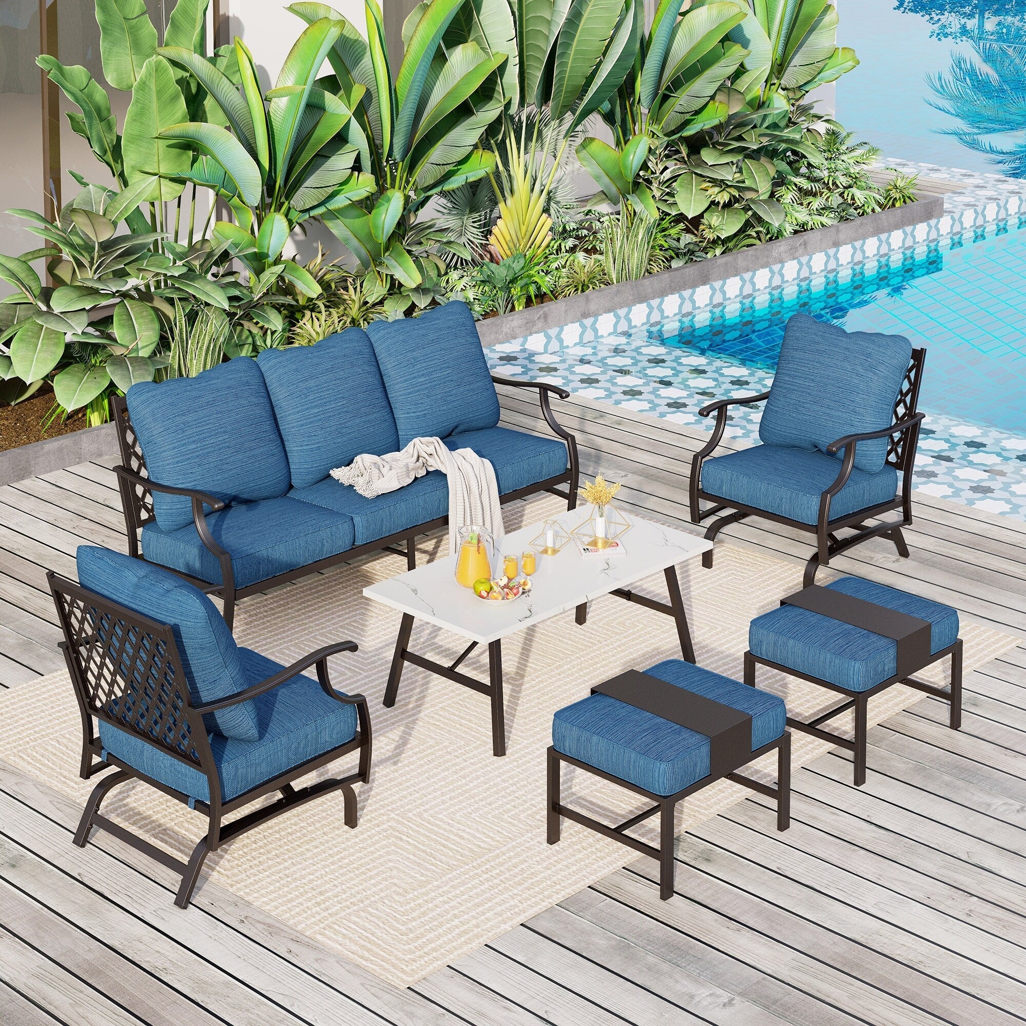 Ensemble de salon de jardin MAISON ARTS 6/7 pièces, canapé avec 2/4 chaises simples, 1 canapé 3 places et table basse/poufs