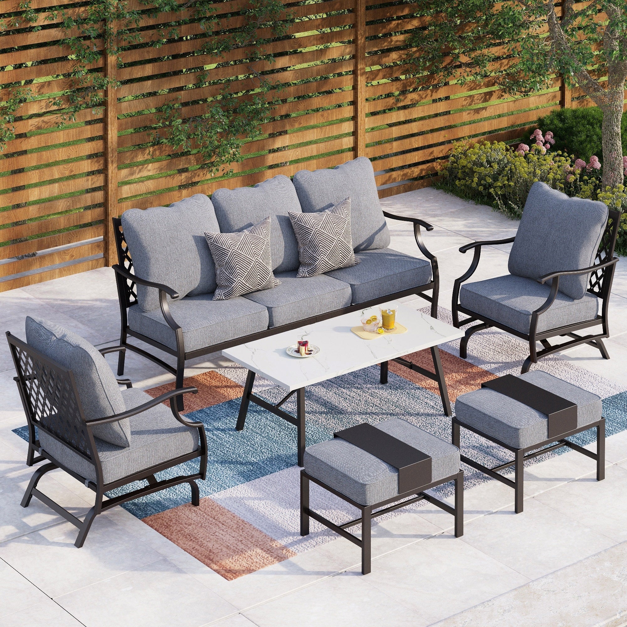 Ensemble de salon de jardin MAISON ARTS 6/7 pièces, canapé avec 2/4 chaises simples, 1 canapé 3 places et table basse/poufs