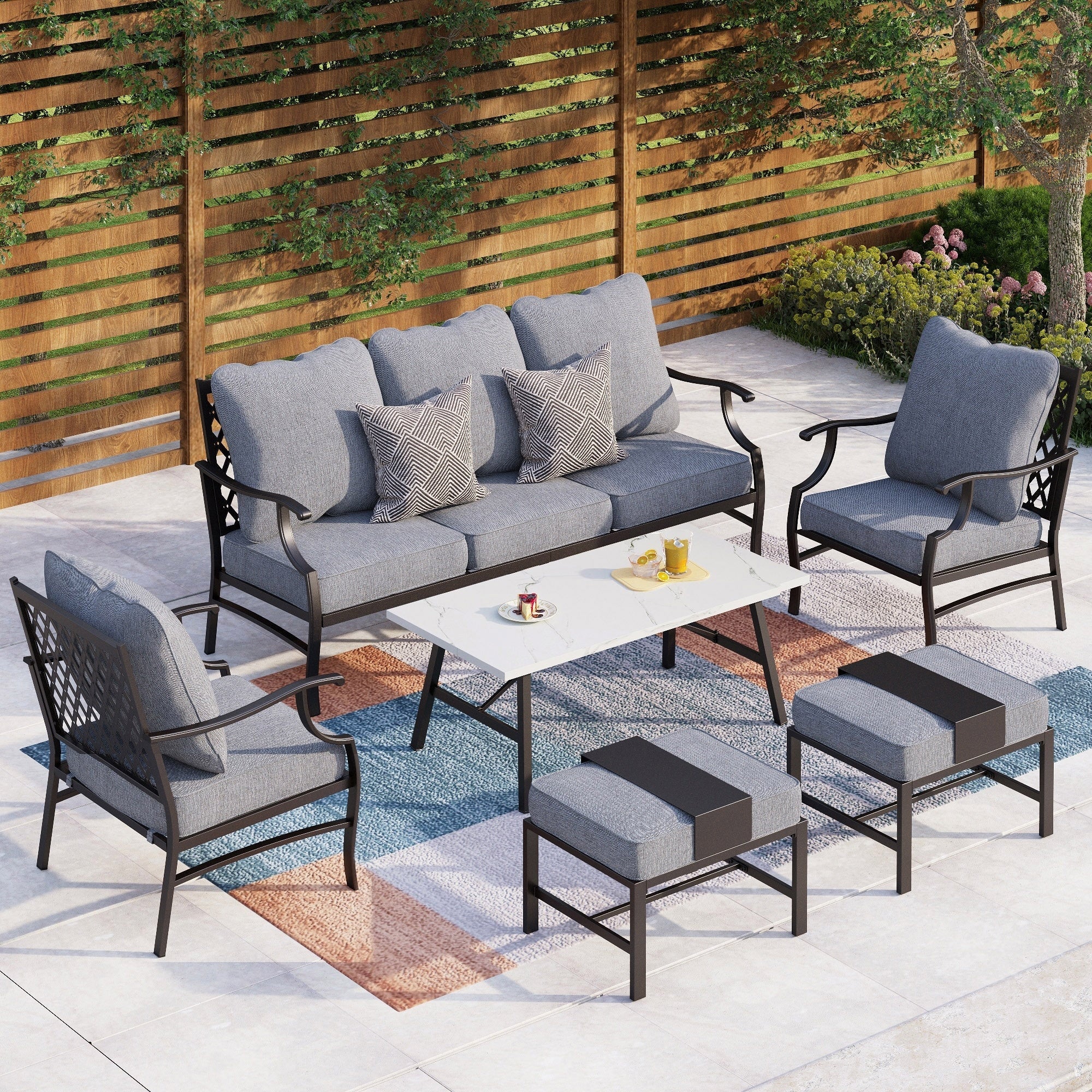 Ensemble de salon de jardin MAISON ARTS 6/7 pièces, canapé avec 2/4 chaises simples, 1 canapé 3 places et table basse/poufs