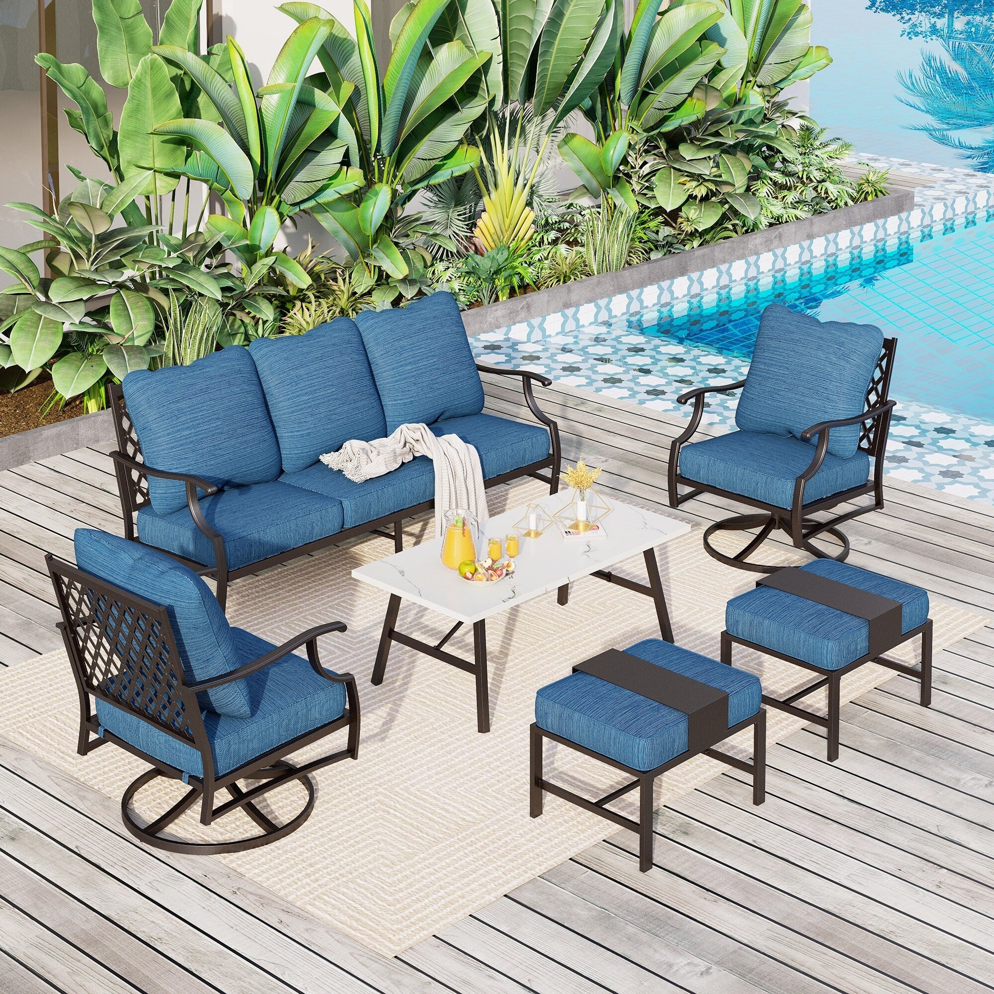 Ensemble de salon de jardin MAISON ARTS 6/7 pièces, canapé avec 2/4 chaises simples, 1 canapé 3 places et table basse/poufs