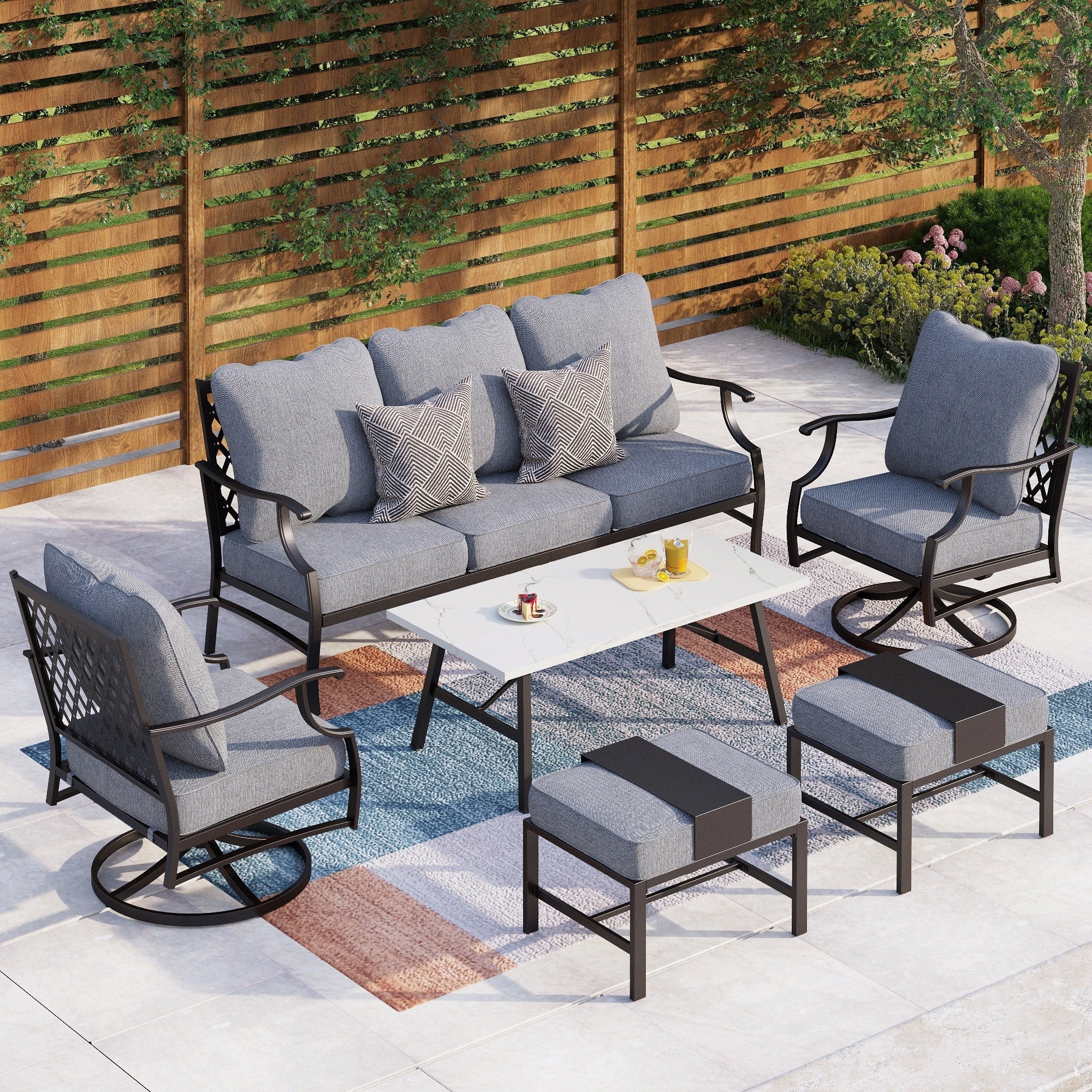 Ensemble de salon de jardin MAISON ARTS 6/7 pièces, canapé avec 2/4 chaises simples, 1 canapé 3 places et table basse/poufs