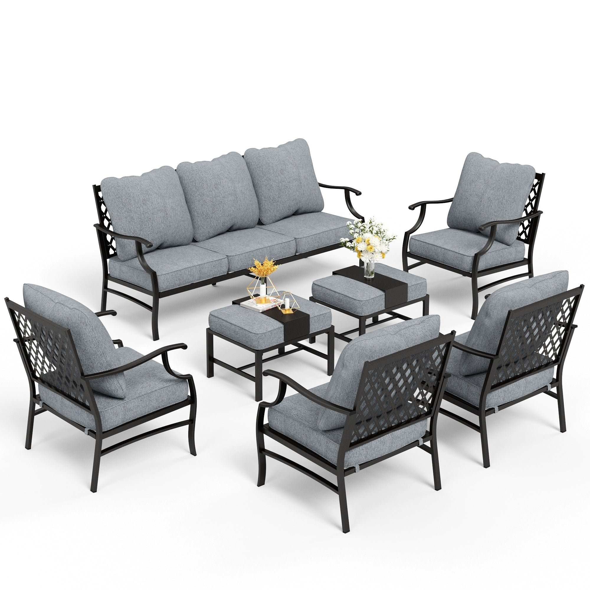 Ensemble de salon de jardin MAISON ARTS 6/7 pièces, canapé avec 2/4 chaises simples, 1 canapé 3 places et table basse/poufs
