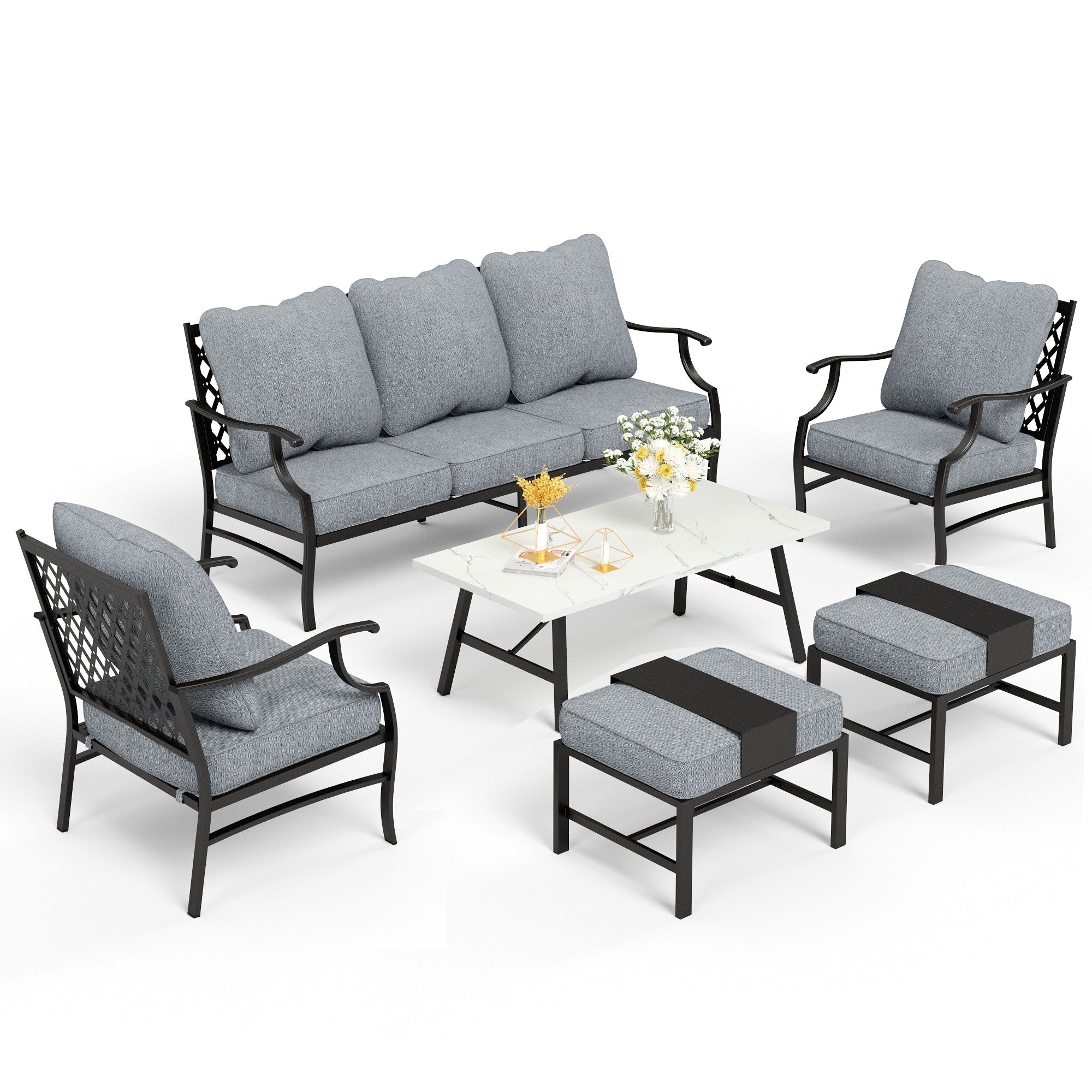 Ensemble de salon de jardin MAISON ARTS 6/7 pièces, canapé avec 2/4 chaises simples, 1 canapé 3 places et table basse/poufs