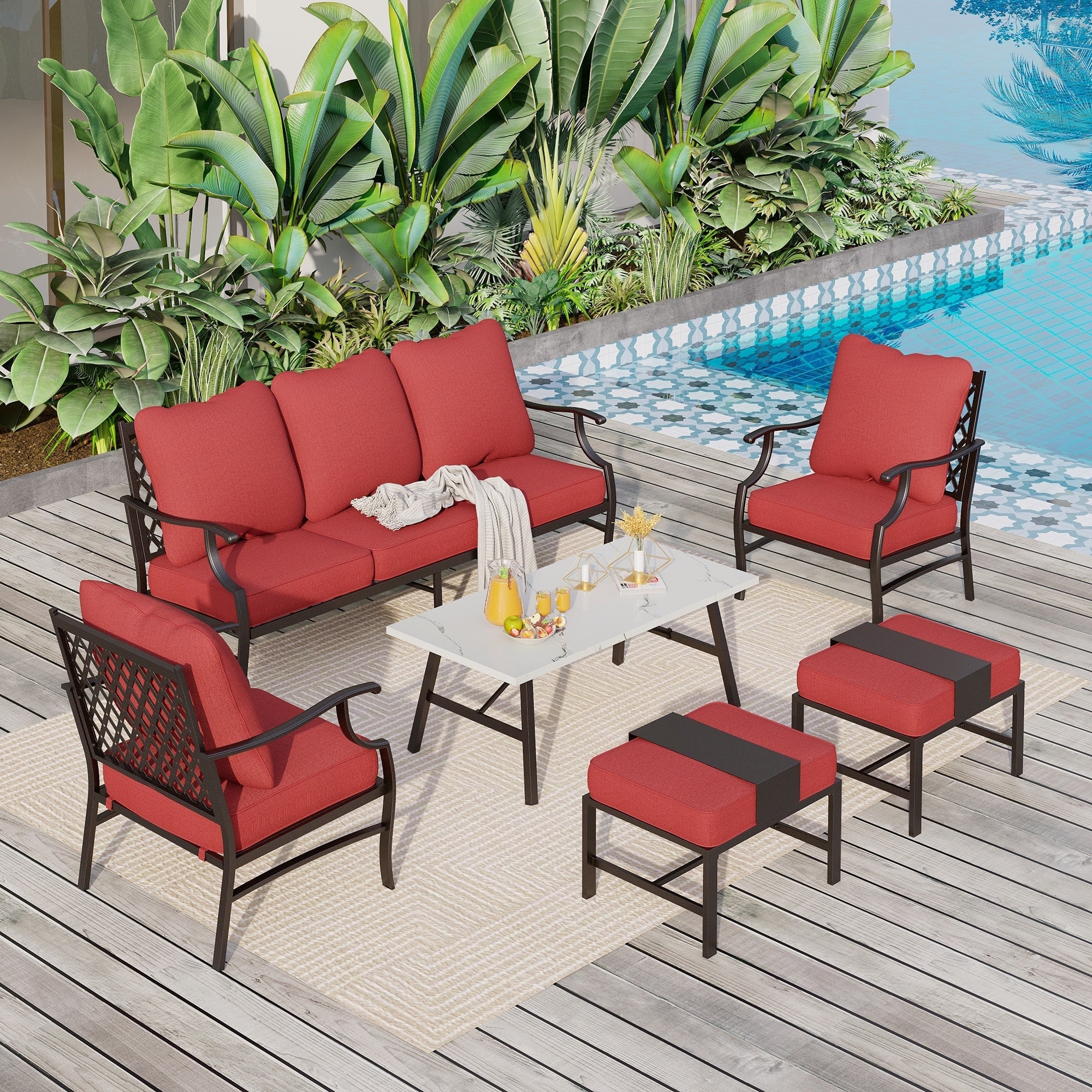 Ensemble de salon de jardin MAISON ARTS 6/7 pièces, canapé avec 2/4 chaises simples, 1 canapé 3 places et table basse/poufs