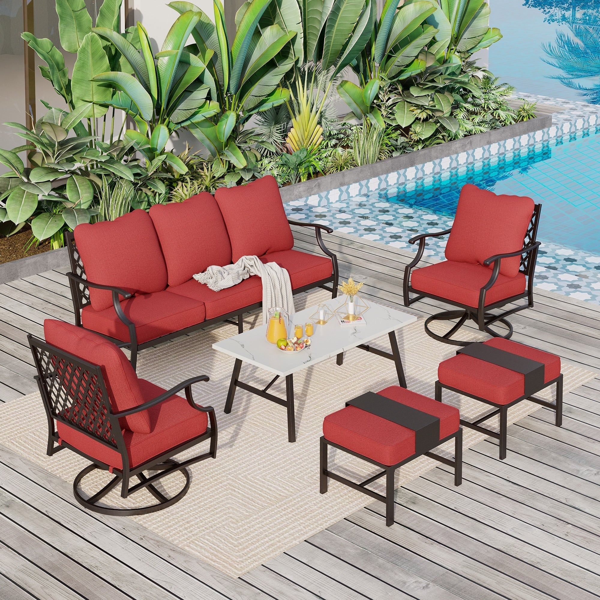 Ensemble de salon de jardin MAISON ARTS 6/7 pièces, canapé avec 2/4 chaises simples, 1 canapé 3 places et table basse/poufs