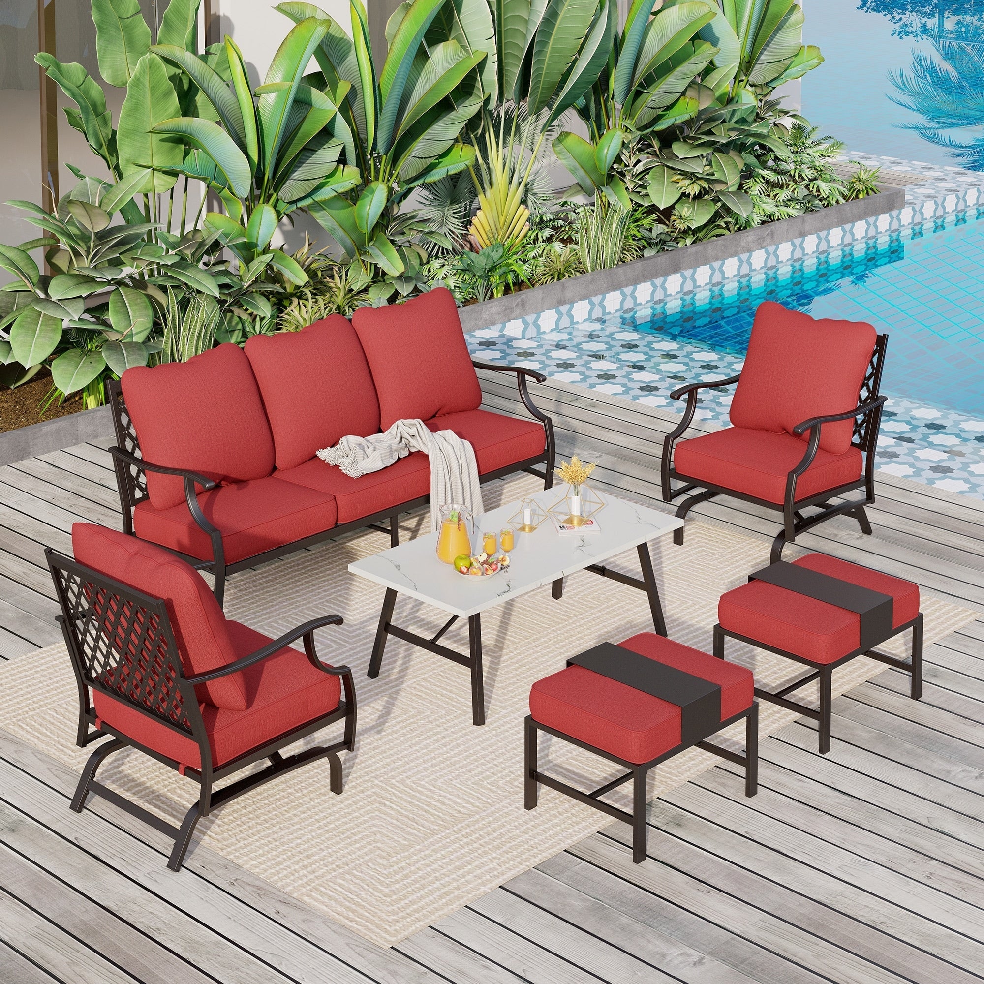 Ensemble de salon de jardin MAISON ARTS 6/7 pièces, canapé avec 2/4 chaises simples, 1 canapé 3 places et table basse/poufs