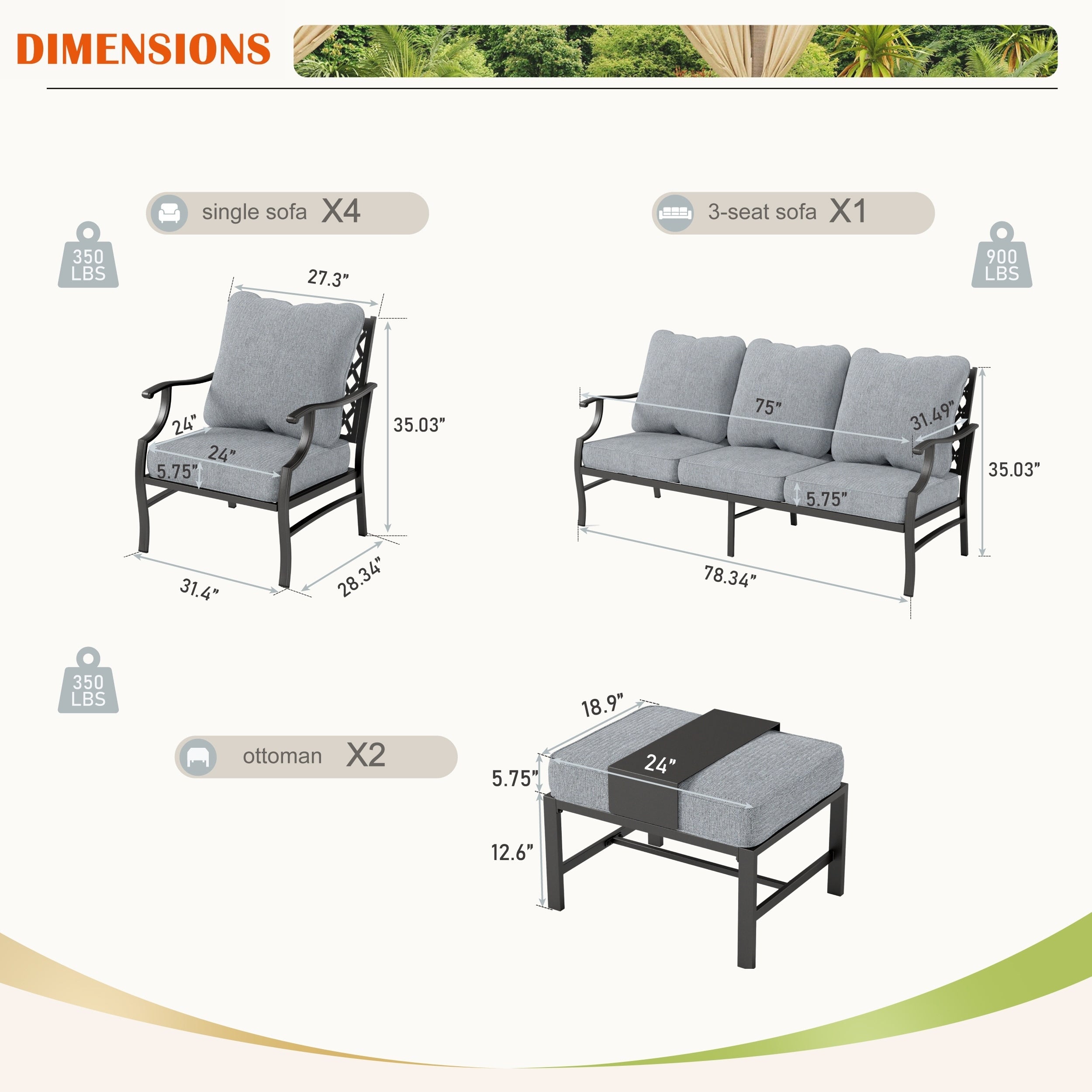 Ensemble de salon de jardin MAISON ARTS 6/7 pièces, canapé avec 2/4 chaises simples, 1 canapé 3 places et table basse/poufs