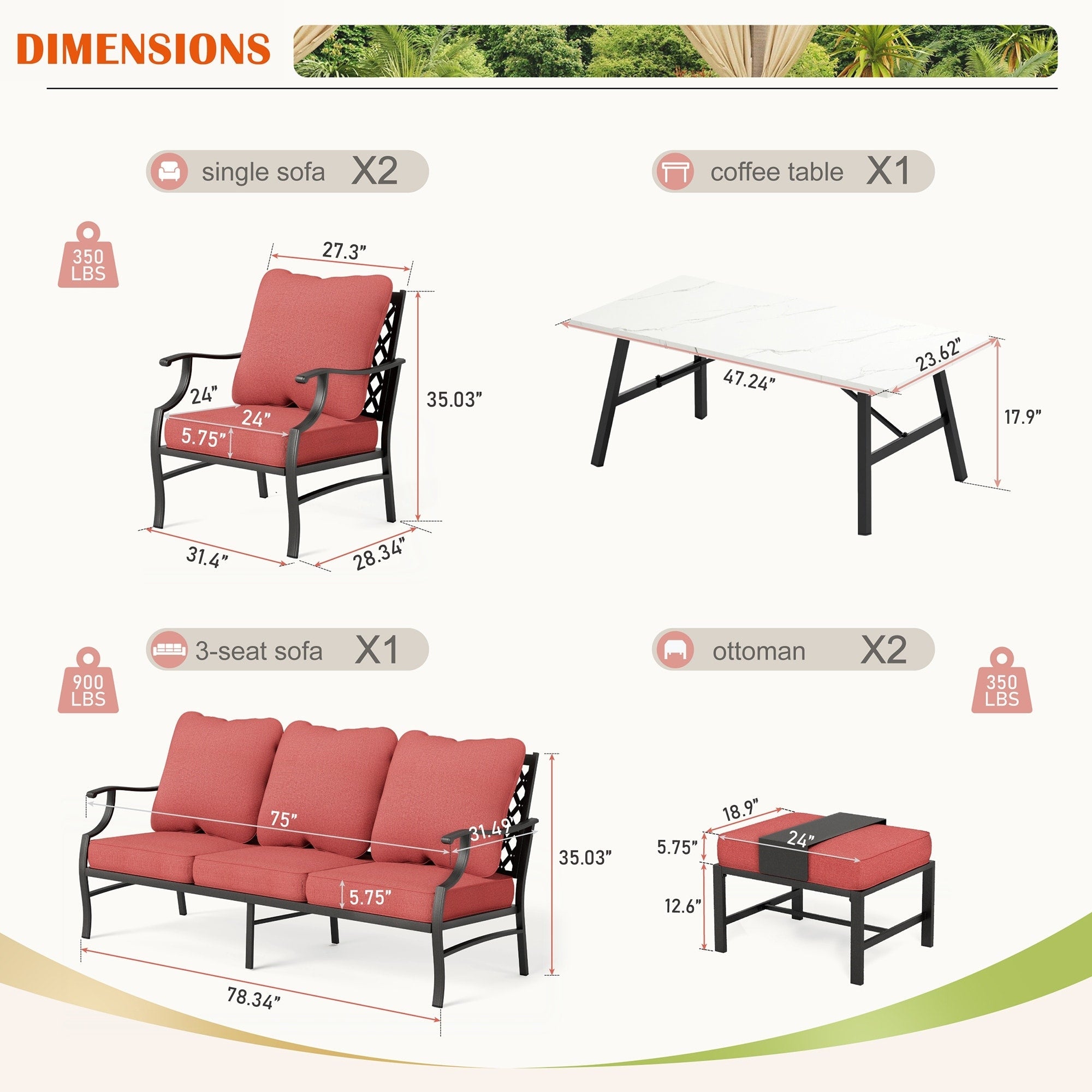 Ensemble de salon de jardin MAISON ARTS 6/7 pièces, canapé avec 2/4 chaises simples, 1 canapé 3 places et table basse/poufs