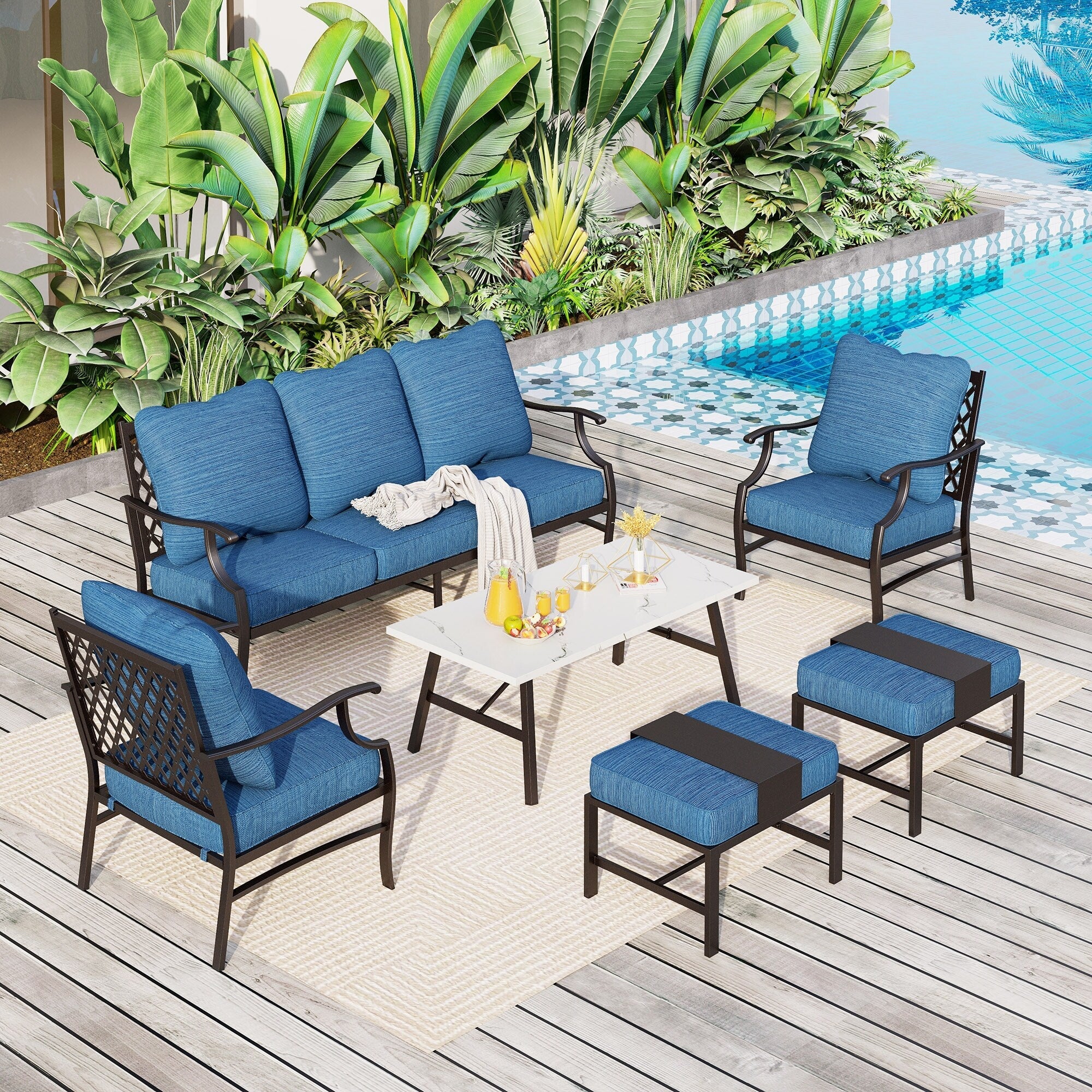 Ensemble de salon de jardin MAISON ARTS 6/7 pièces, canapé avec 2/4 chaises simples, 1 canapé 3 places et table basse/poufs