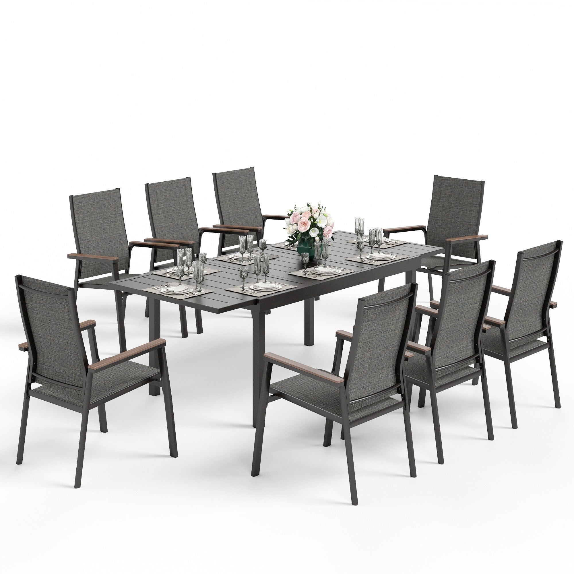 Ensemble de salle à manger d'extérieur MAISON ARTS 7/9 pièces, 1 table extensible en métal et 6/8 chaises en textilène