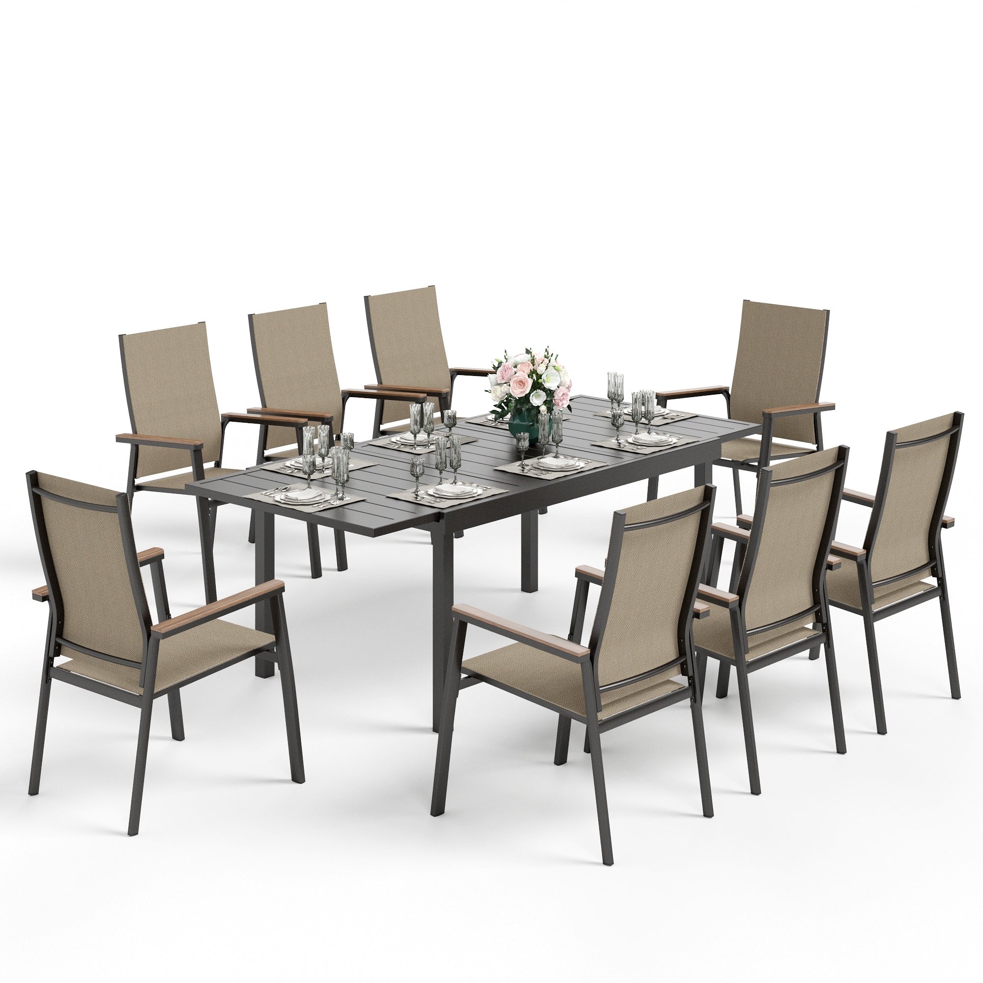 Ensemble de salle à manger d'extérieur MAISON ARTS 7/9 pièces, 1 table extensible en métal et 6/8 chaises en textilène