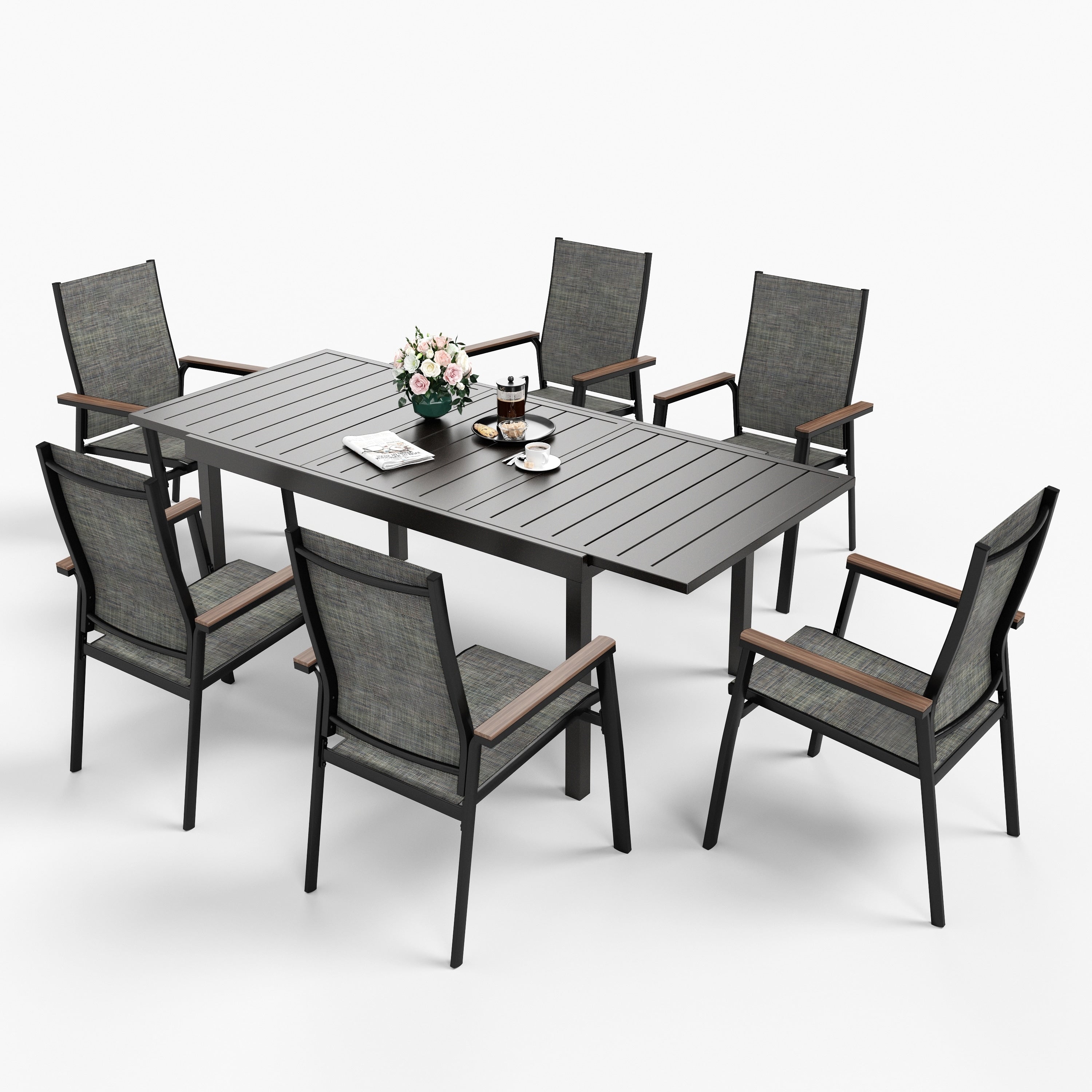 Ensemble de salle à manger d'extérieur MAISON ARTS 7/9 pièces, 1 table extensible en métal et 6/8 chaises en textilène