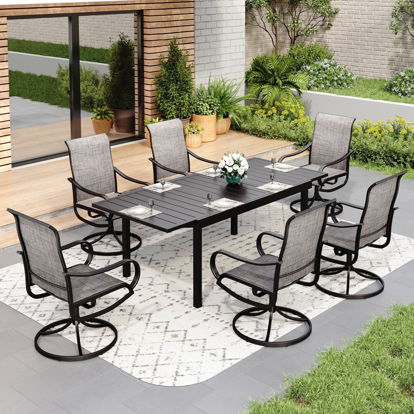 Ensemble de salle à manger de patio MAISON ARTS 7/9 pièces avec chaises pivotantes et table rectangulaire extensible pour l'extérieur