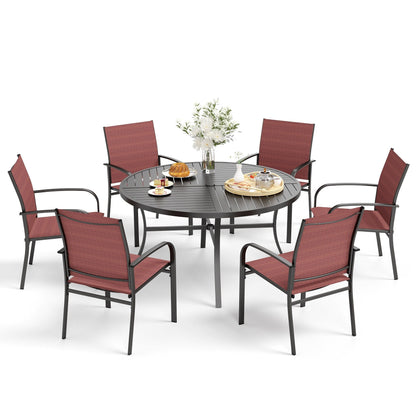 Ensemble de salle à manger de patio 7 pièces MAISON ARTS pour 6 personnes, grande table ronde avec trou pour parasol et chaises en textilène