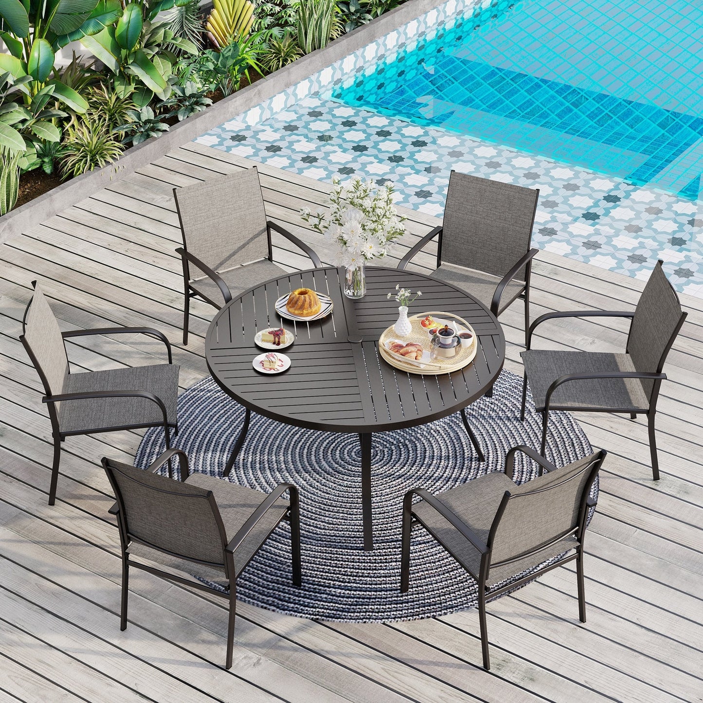 Ensemble de salle à manger de patio 7 pièces MAISON ARTS pour 6 personnes, grande table ronde avec trou pour parasol et chaises en textilène