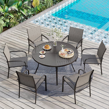 Ensemble de salle à manger de patio 7 pièces MAISON ARTS pour 6 personnes, grande table ronde avec trou pour parasol et chaises en textilène