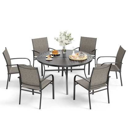 Ensemble de salle à manger de patio 7 pièces MAISON ARTS pour 6 personnes, grande table ronde avec trou pour parasol et chaises en textilène