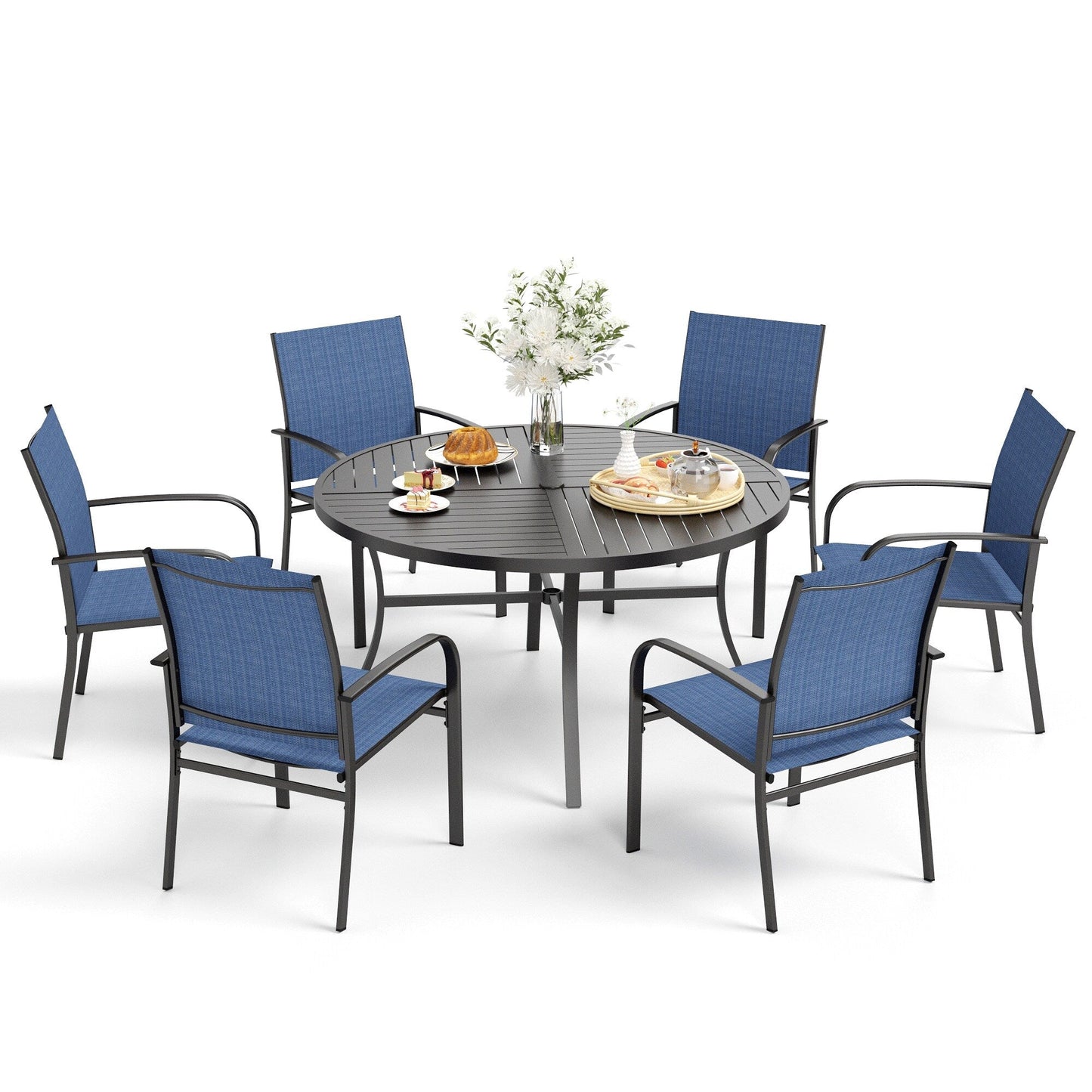 Ensemble de salle à manger de patio 7 pièces MAISON ARTS pour 6 personnes, grande table ronde avec trou pour parasol et chaises en textilène