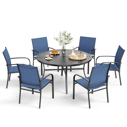 Ensemble de salle à manger de patio 7 pièces MAISON ARTS pour 6 personnes, grande table ronde avec trou pour parasol et chaises en textilène