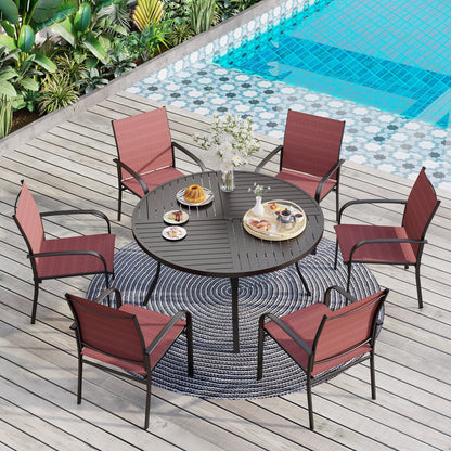 Ensemble de salle à manger de patio 7 pièces MAISON ARTS pour 6 personnes, grande table ronde avec trou pour parasol et chaises en textilène