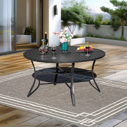 Ensemble de salle à manger de patio 7 pièces MAISON ARTS pour 6 personnes, grande table ronde avec trou pour parasol et chaises en textilène