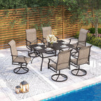 Ensemble de salle à manger de patio 7 pièces MAISON ARTS, 6 chaises pivotantes rembourrées en textilène et 1 table en métal avec trou pour parasol