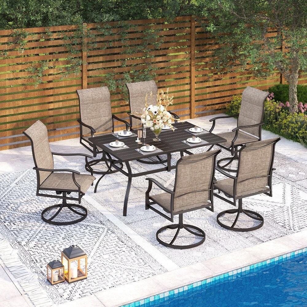 Ensemble de salle à manger de patio 7 pièces MAISON ARTS, 6 chaises pivotantes rembourrées en textilène et 1 table en métal avec trou pour parasol