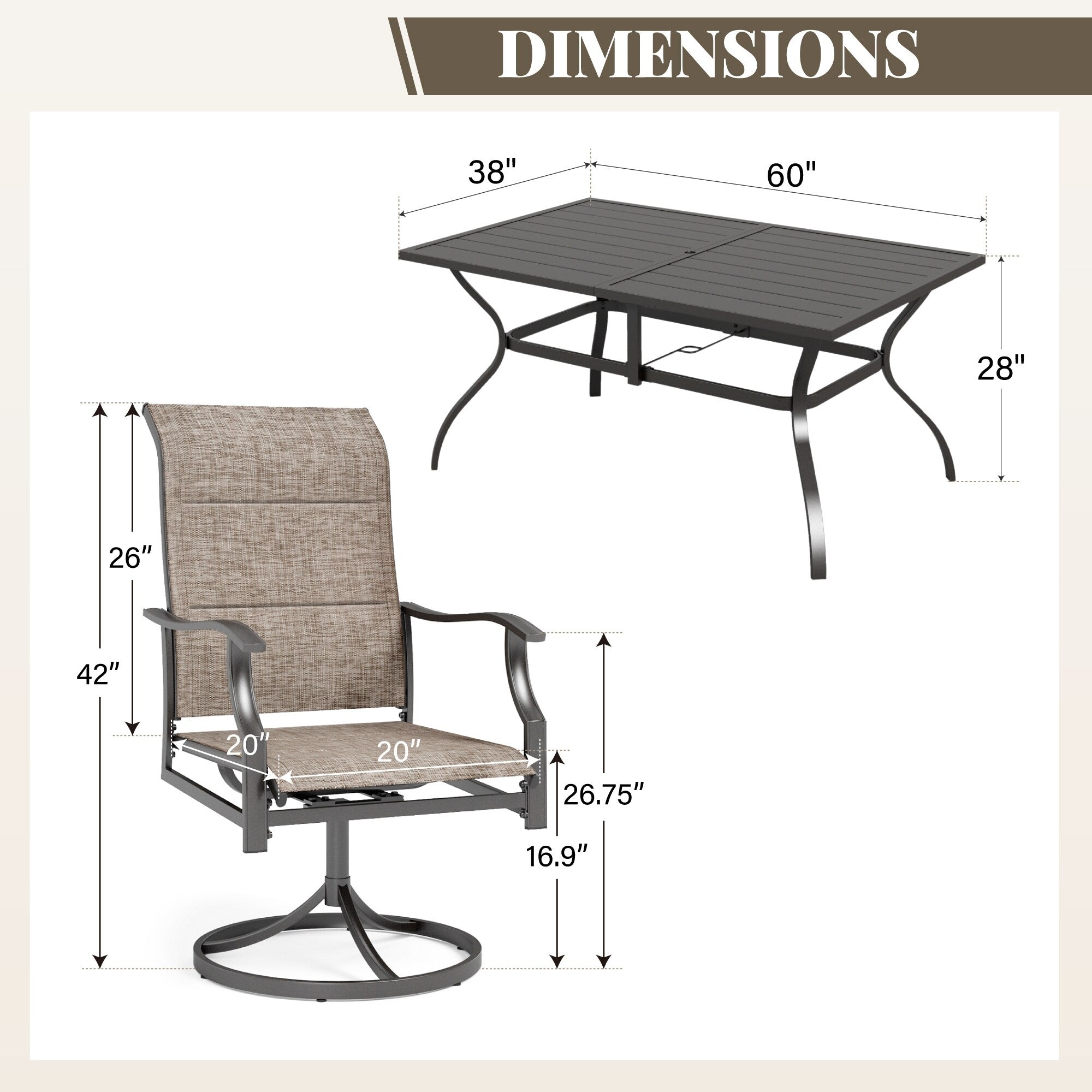 Ensemble de salle à manger de patio 7 pièces MAISON ARTS, 6 chaises pivotantes rembourrées en textilène et 1 table en métal avec trou pour parasol