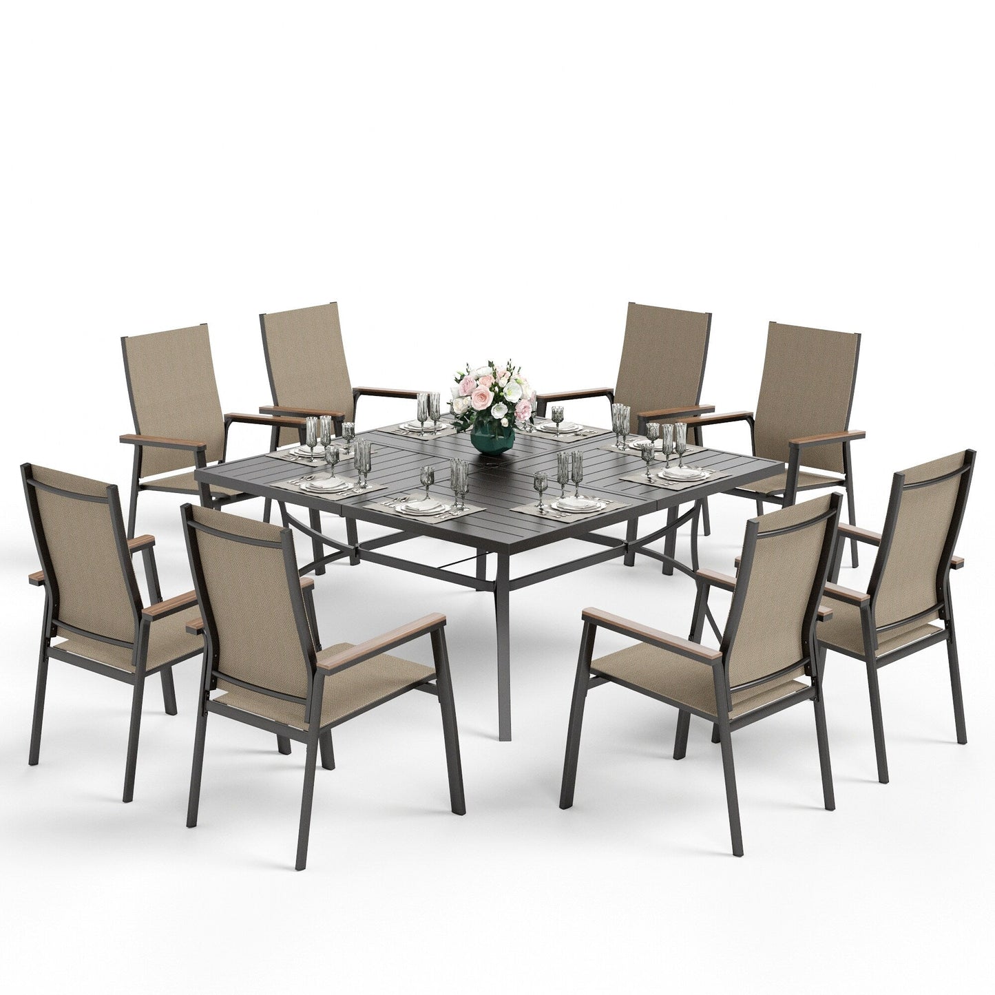 Ensemble de salle à manger de patio MAISON ARTS 9 pièces avec 8 chaises empilables en textilène et 1 table en métal