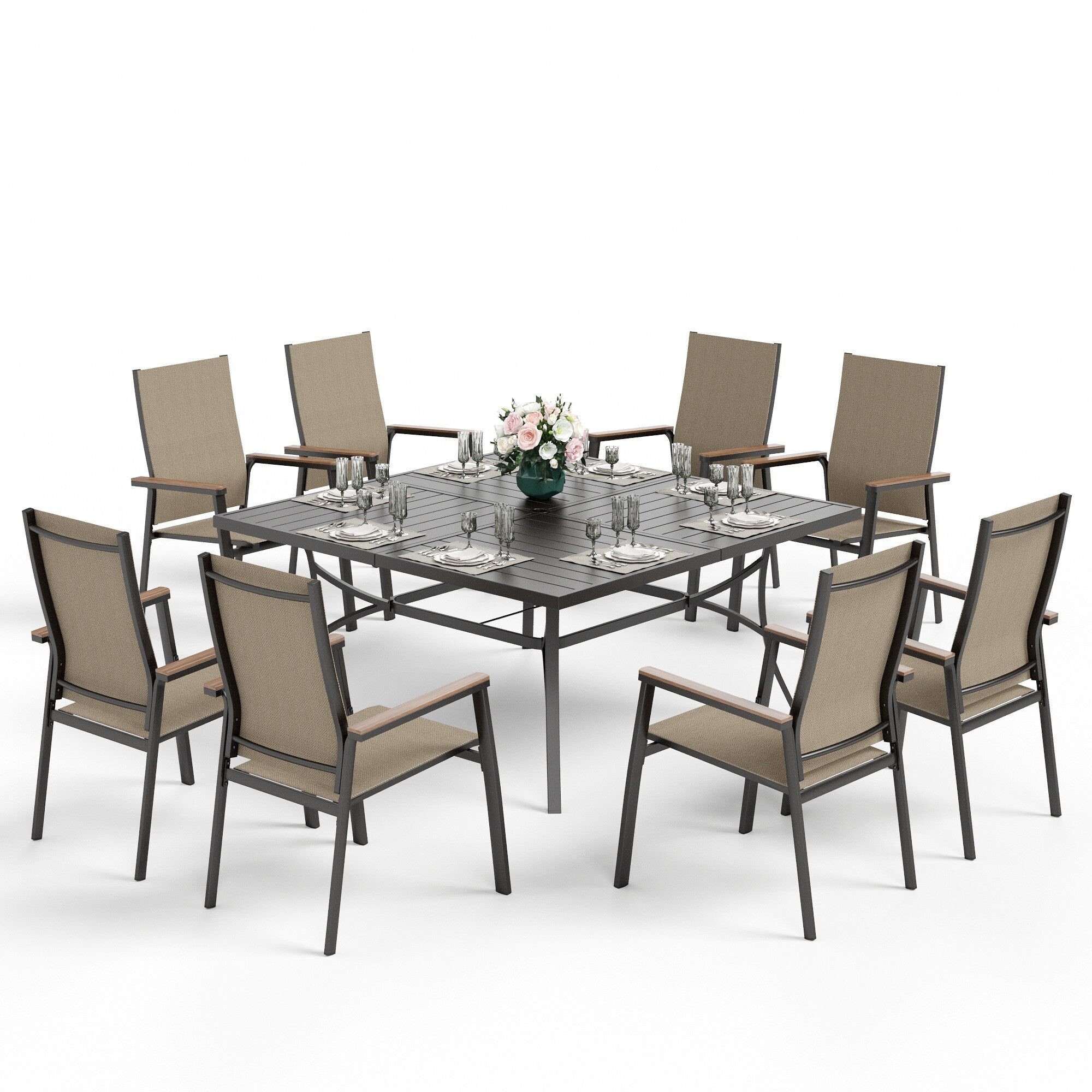 Ensemble de salle à manger de patio MAISON ARTS 9 pièces avec 8 chaises empilables en textilène et 1 table en métal