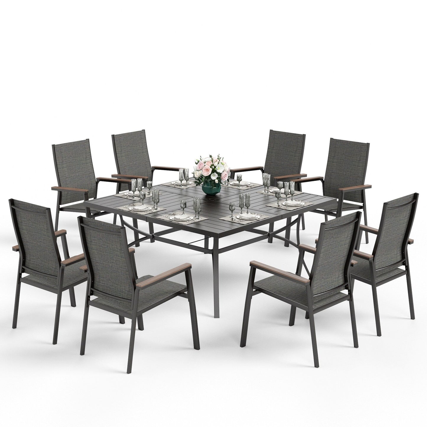 Ensemble de salle à manger de patio MAISON ARTS 9 pièces avec 8 chaises empilables en textilène et 1 table en métal