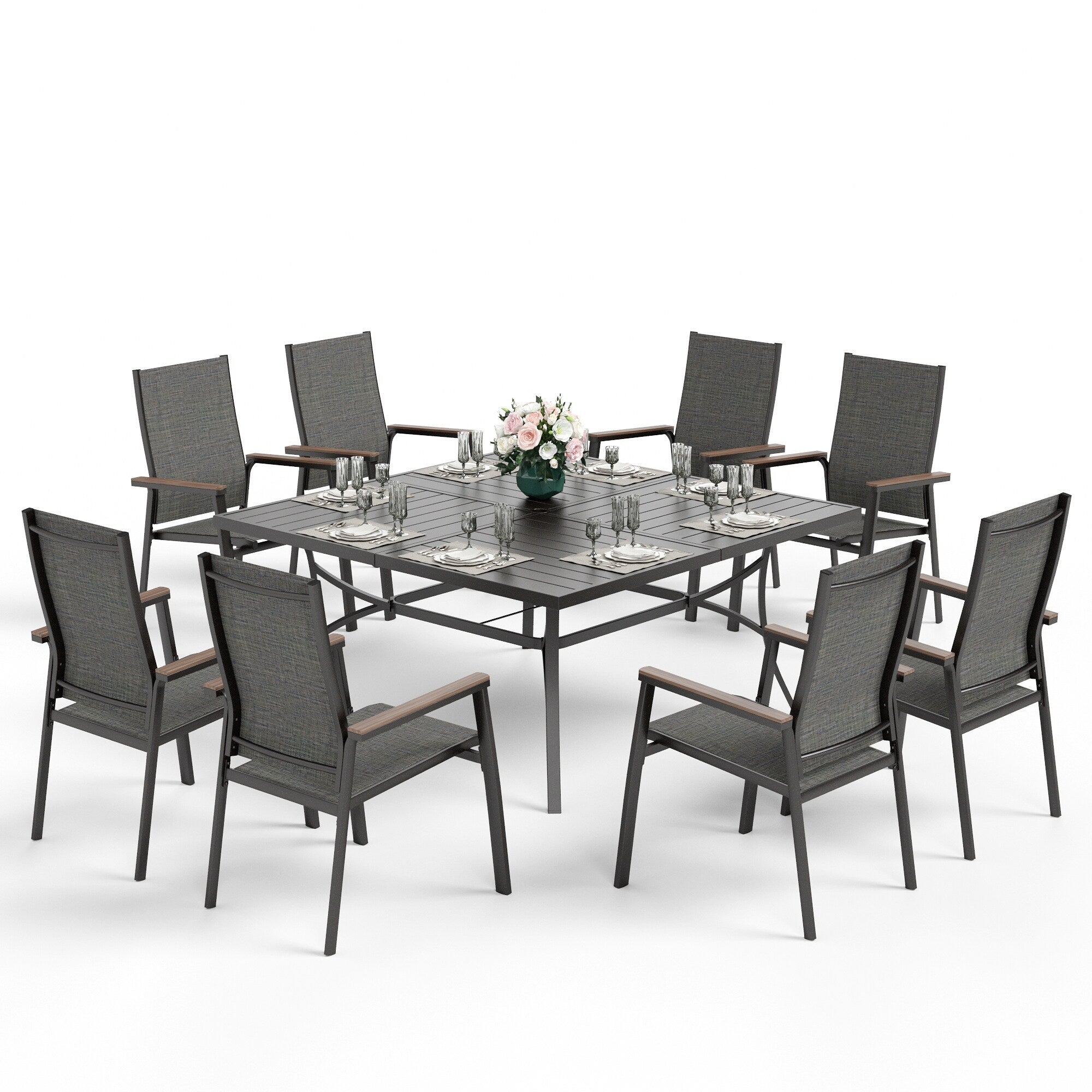 Ensemble de salle à manger de patio MAISON ARTS 9 pièces avec 8 chaises empilables en textilène et 1 table en métal