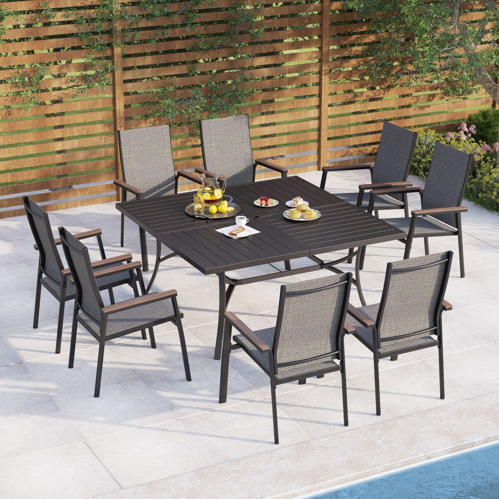 Ensemble de salle à manger de patio MAISON ARTS 9 pièces avec 8 chaises empilables en textilène et 1 table en métal