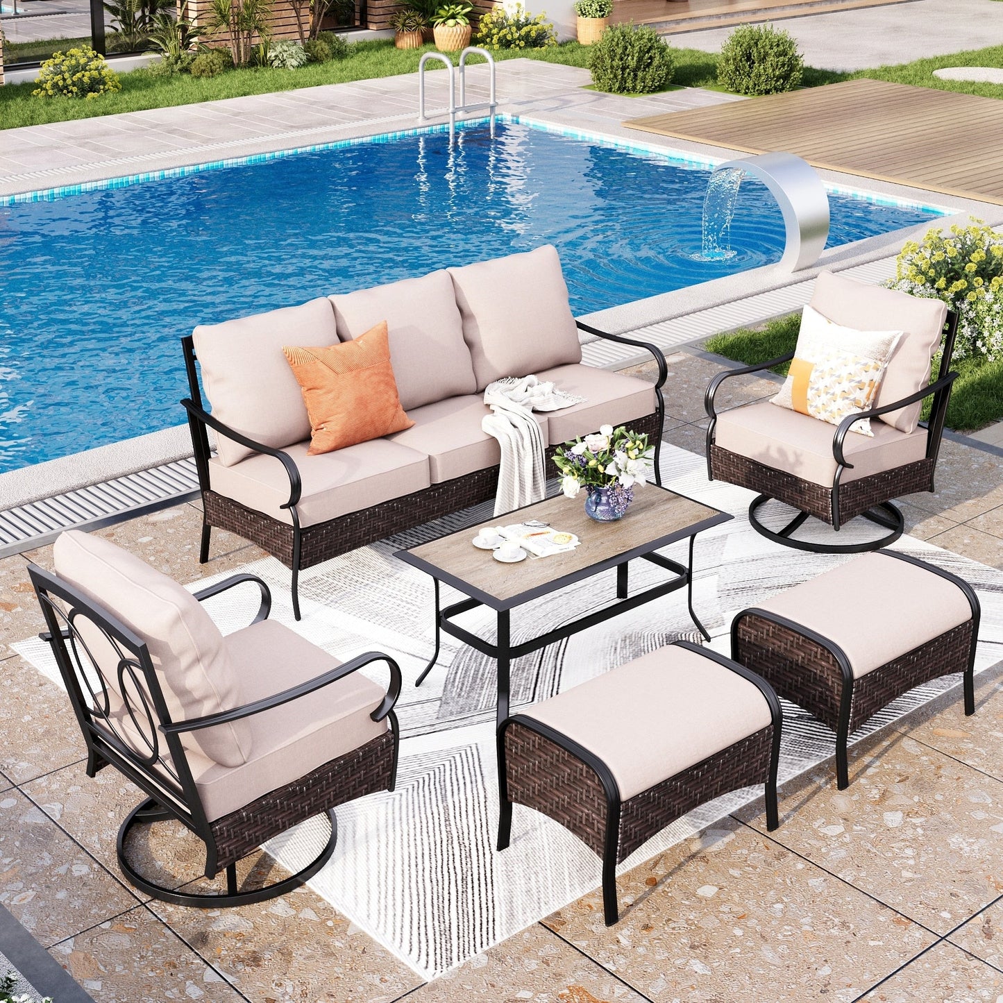 Ensemble de meubles de jardin extra larges 6 pièces MAISON ARTS : canapés 3 et 2 places, chaises pivotantes, poufs et table basse