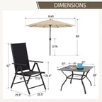 Ensemble de salle à manger d'extérieur 6 pièces MAISON ARTS, 1 table carrée en métal, 4 chaises pliantes réglables et un parasol de 9 pieds