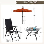 Ensemble de salle à manger d'extérieur 6 pièces MAISON ARTS, 1 table carrée en métal, 4 chaises pliantes réglables et un parasol de 9 pieds