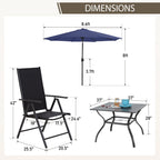 Ensemble de salle à manger d'extérieur 6 pièces MAISON ARTS, 1 table carrée en métal, 4 chaises pliantes réglables et un parasol de 9 pieds