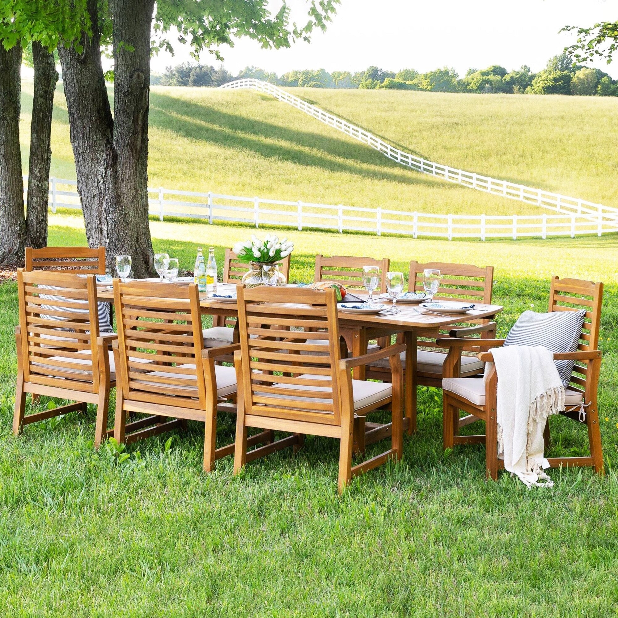 Ensemble de salle à manger d'extérieur en bois d'acacia massif MAISON ARTS 7/9 pièces, table extensible et chaises en bois 6/8