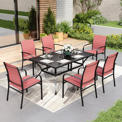 Ensemble de salle à manger de patio MAISON ARTS, table rectangulaire en métal 7 pièces et 6 chaises en textilène