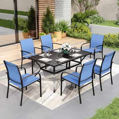 Ensemble de salle à manger de patio MAISON ARTS, table rectangulaire en métal 7 pièces et 6 chaises en textilène