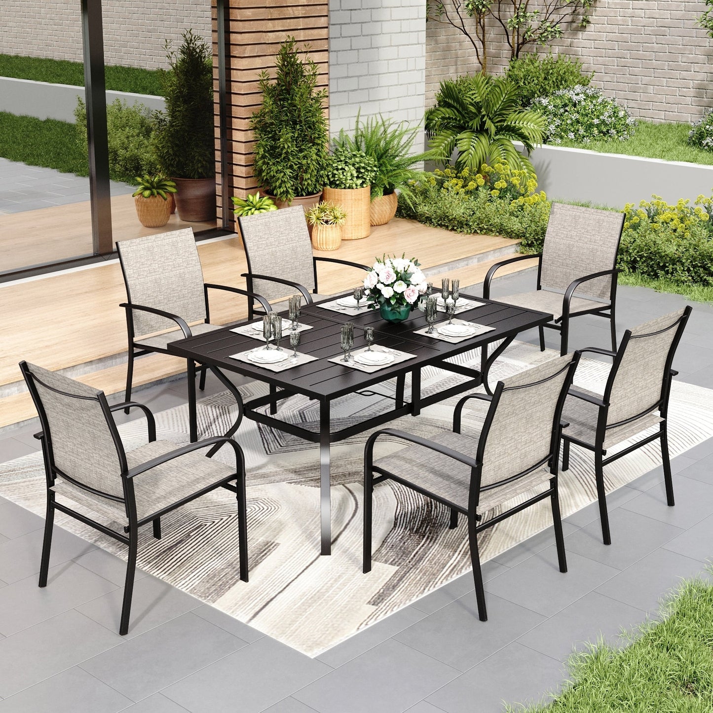 Ensemble de salle à manger de patio MAISON ARTS, table rectangulaire en métal 7 pièces et 6 chaises en textilène