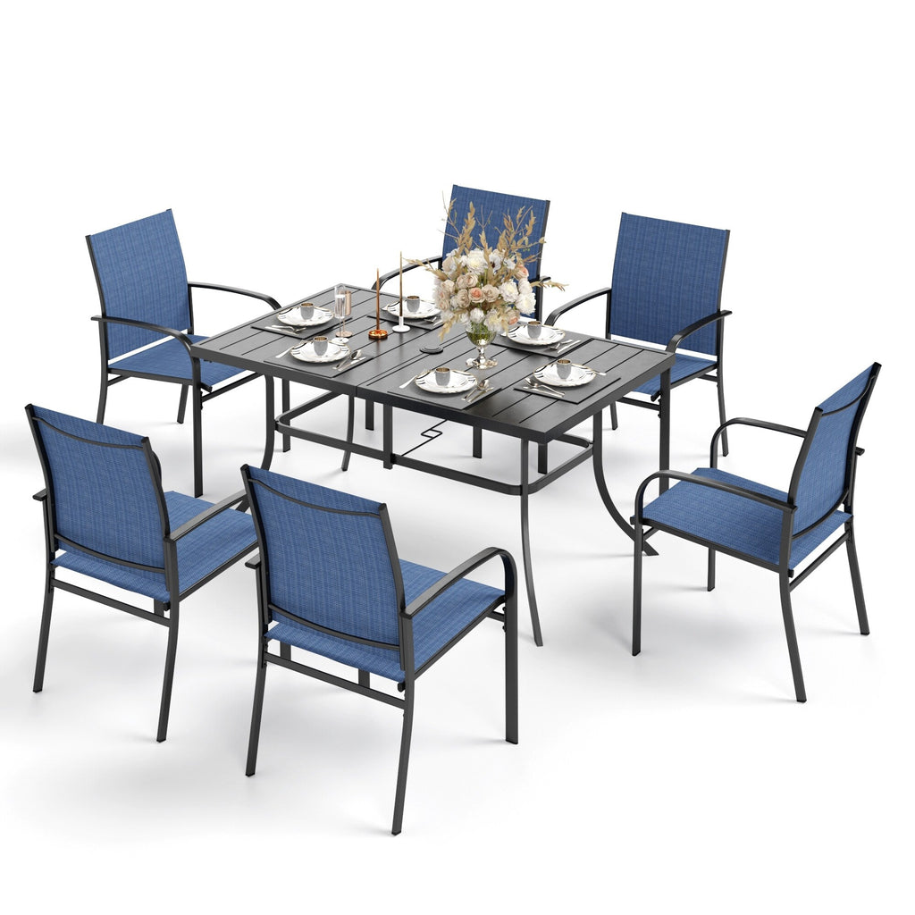 Ensemble de salle à manger de patio MAISON ARTS 7 pièces avec 1 table rectangulaire en métal et 6 chaises en textilène