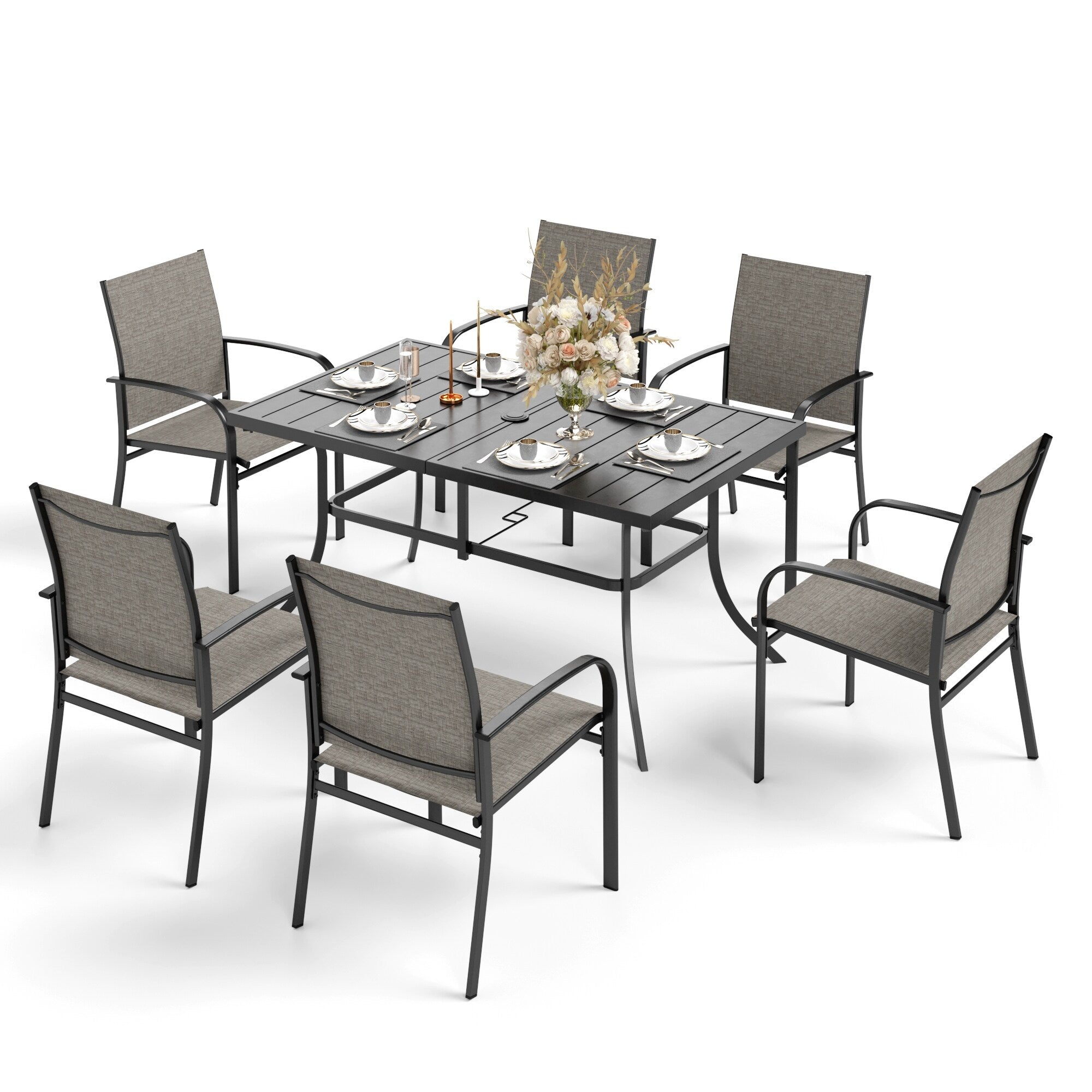 Ensemble de salle à manger de patio MAISON ARTS 7 pièces avec 1 table rectangulaire en métal et 6 chaises en textilène